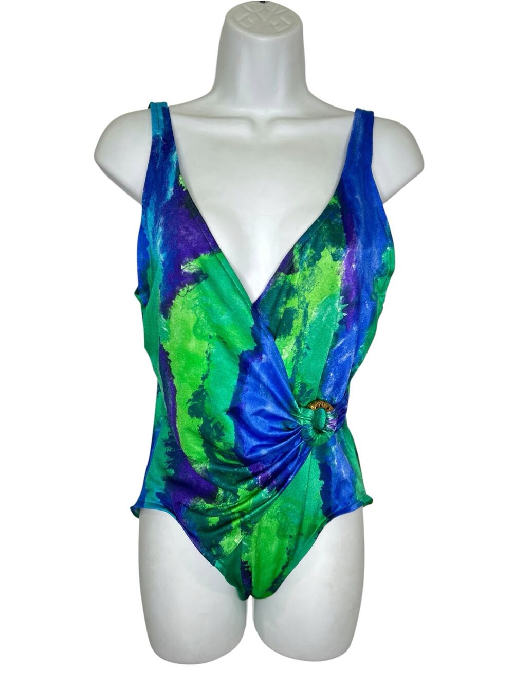 Oscar de la Renta Vintage Blue Green Deep V-Neck Abstract One Piece Swimsuit 14